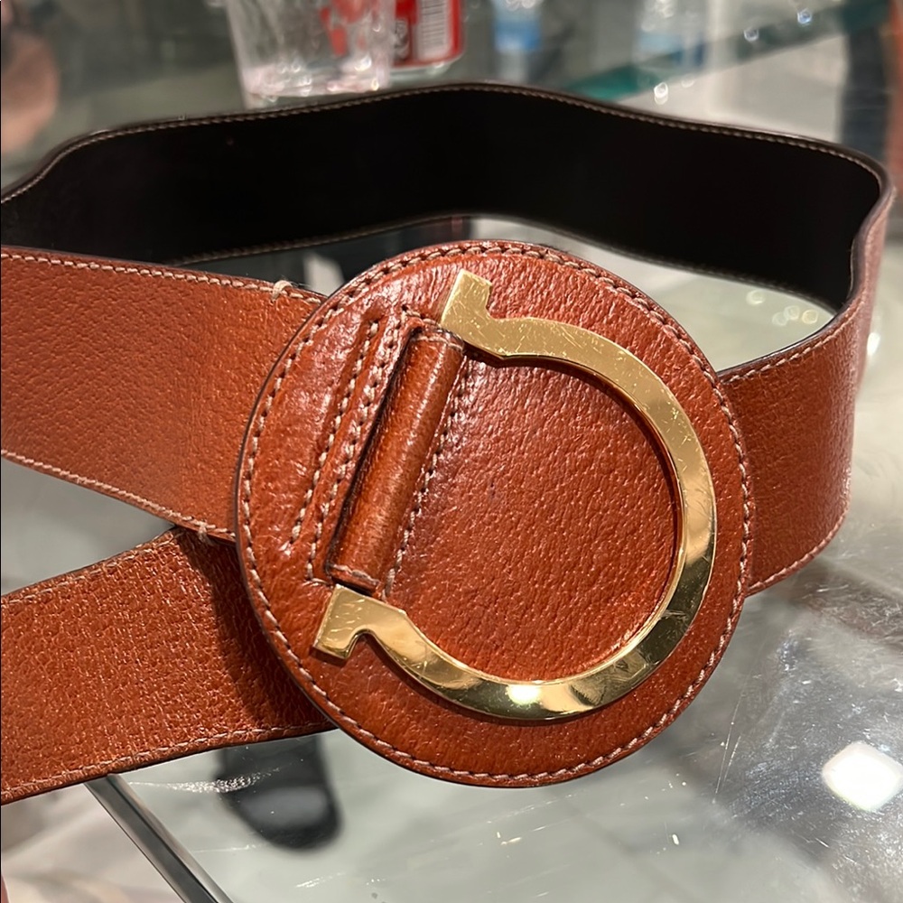 Ferragamo Brown Leather Belt with Gold Buckle